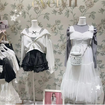 Abiti da donna di nicchia in stile giapponese Primavera Estate Autunno Ragazza Dolce fiocco Abito in rete Lolita Abito lungo con bretelle da fata carina