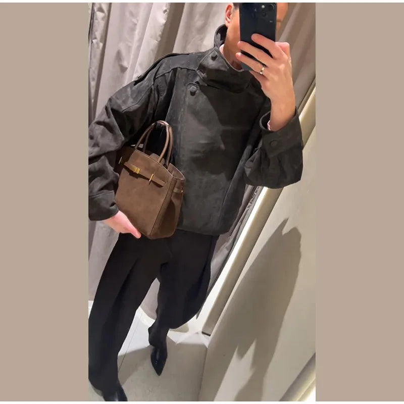 Giacca bomber da donna in camoscio grigio scuro, con colletto alla coreana, maniche lunghe, oversize, asimmetrica, stile street, giacche da donna autunno 2026