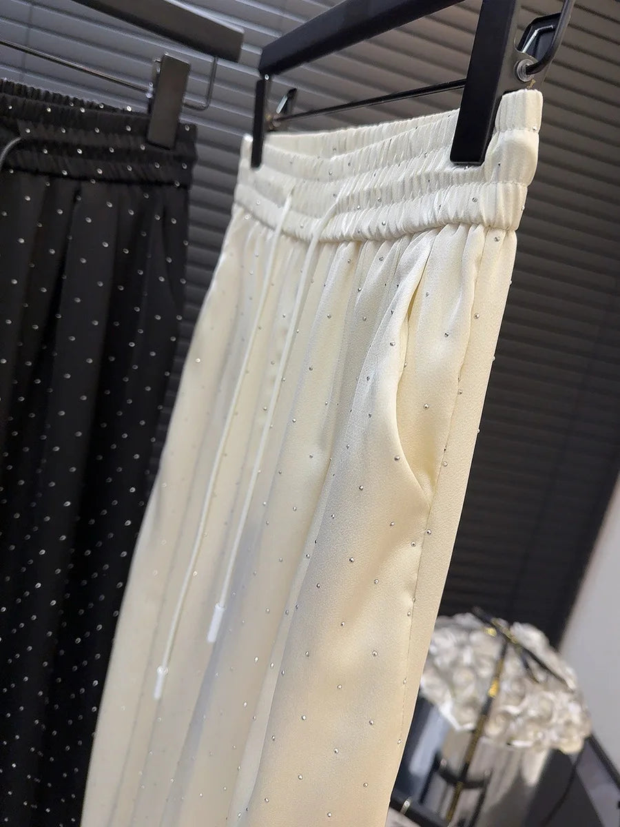 2026 Pantaloni a gamba larga con strass pieni di lusso di alta qualità Moda nuovi pantaloni dritti a vita alta con coulisse Pantaloni casual da donna