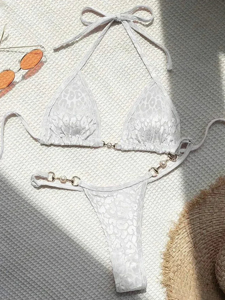 Sexy Leoparden Samt Bikini Mini Micro Tanga Bikinis Damen Bademode Weiblicher Badeanzug Zweiteiliger Bikini Set Neckholder Badeanzug Schwimmen