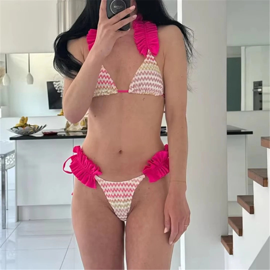 Con gonna Waved Ruffled Bikini con volant costume da bagno femminile costumi da bagno donna tre pezzi Bikini set bagnante costume da bagno Swim V5235
