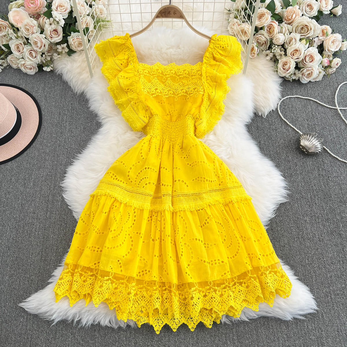Abito da festa elegante da donna abito estivo Vintage con scollo quadrato e volant manica corta abiti coreani da donna Slim a-line abito lungo con scollo alto