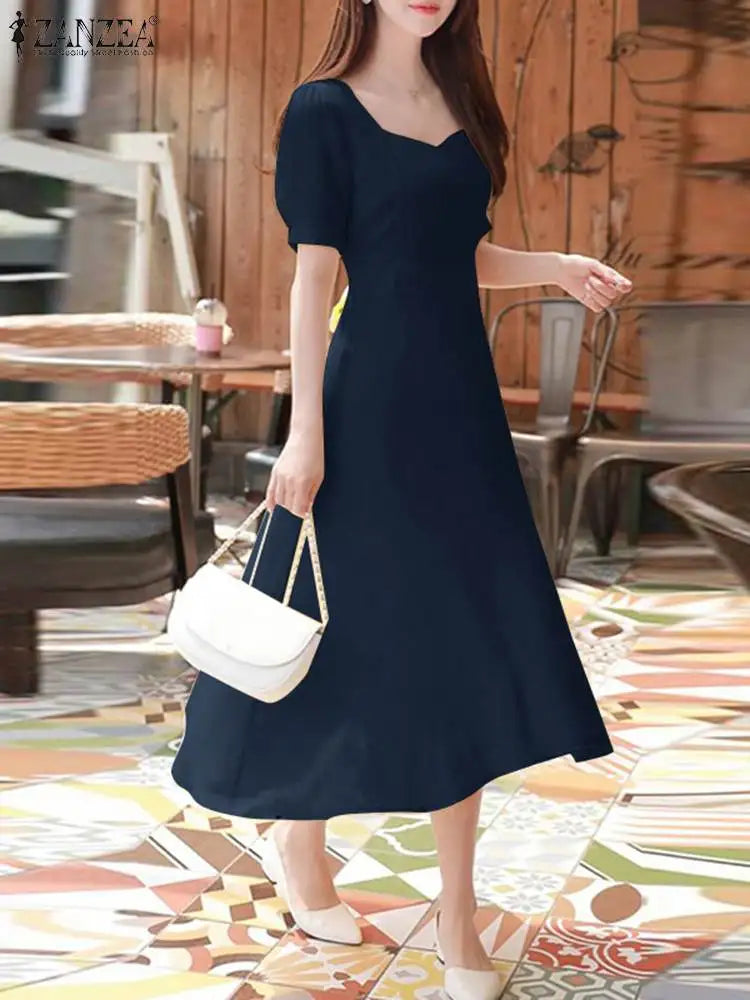 ZANZEA Vita elegante Abiti da festa Abito da sera vintage Donna Puff Manica corta A-line Robe 2024 Abiti da sposa estivi Midi