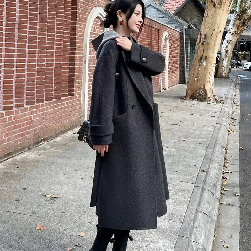 Giacca Invernale da Donna a Maniche Lunghe in Lana, Cappotto Casual di Alta Qualità per l'Autunno, Moda Coreana Femminile, Cappotto in Lana con Cappuccio e Vestibilità Comoda