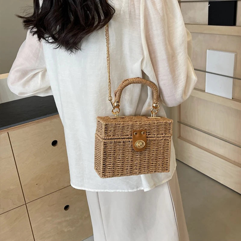 Borsa a tracolla in paglia di rattan Borsa a tracolla intrecciata a mano da donna Borsa a tracolla in paglia con scatola quadrata da spiaggia estiva per signora Bolsa Feminina