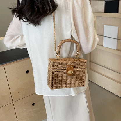 Borsa a tracolla in paglia di rattan Borsa a tracolla intrecciata a mano da donna Borsa a tracolla in paglia con scatola quadrata da spiaggia estiva per signora Bolsa Feminina