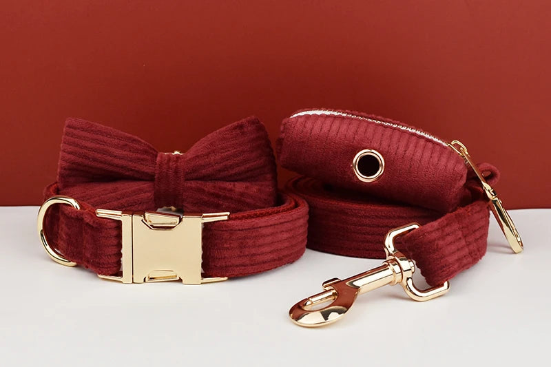 Set Collare e Guinzaglio per Cani in Corduroy Rosso Vino con Targhetta Personalizzata Incisa, Accessori per Animali Domestici