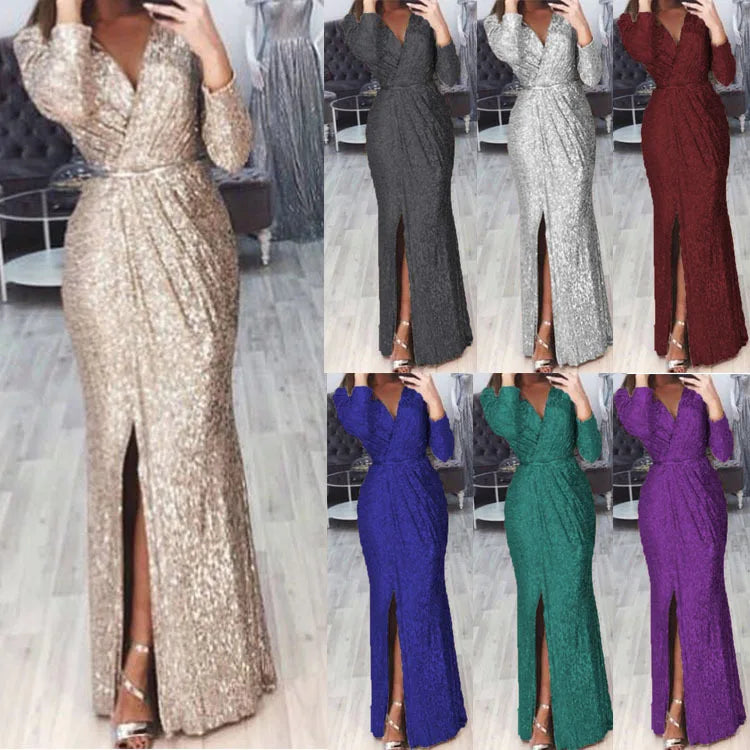 Abito lungo da donna elegante con scollo a V a maniche lunghe da festa Autunno Inverno Moda con paillettes Vita sexy Abiti maxi slim casual con spacco alto