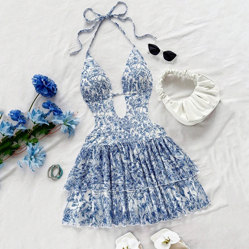 Sommer Sexy Rückenfreies Kleid Damen Mode Neckholder Schnürung A-Linie Rüschen Kleider Damen Tiefer V-Ausschnitt Urlaub Strandkleid