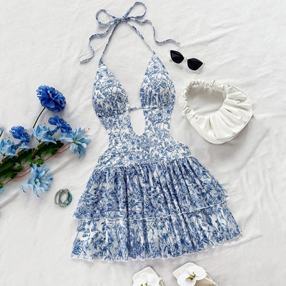 Sommer Sexy Rückenfreies Kleid Damen Mode Neckholder Schnürung A-Linie Rüschen Kleider Damen Tiefer V-Ausschnitt Urlaub Strandkleid