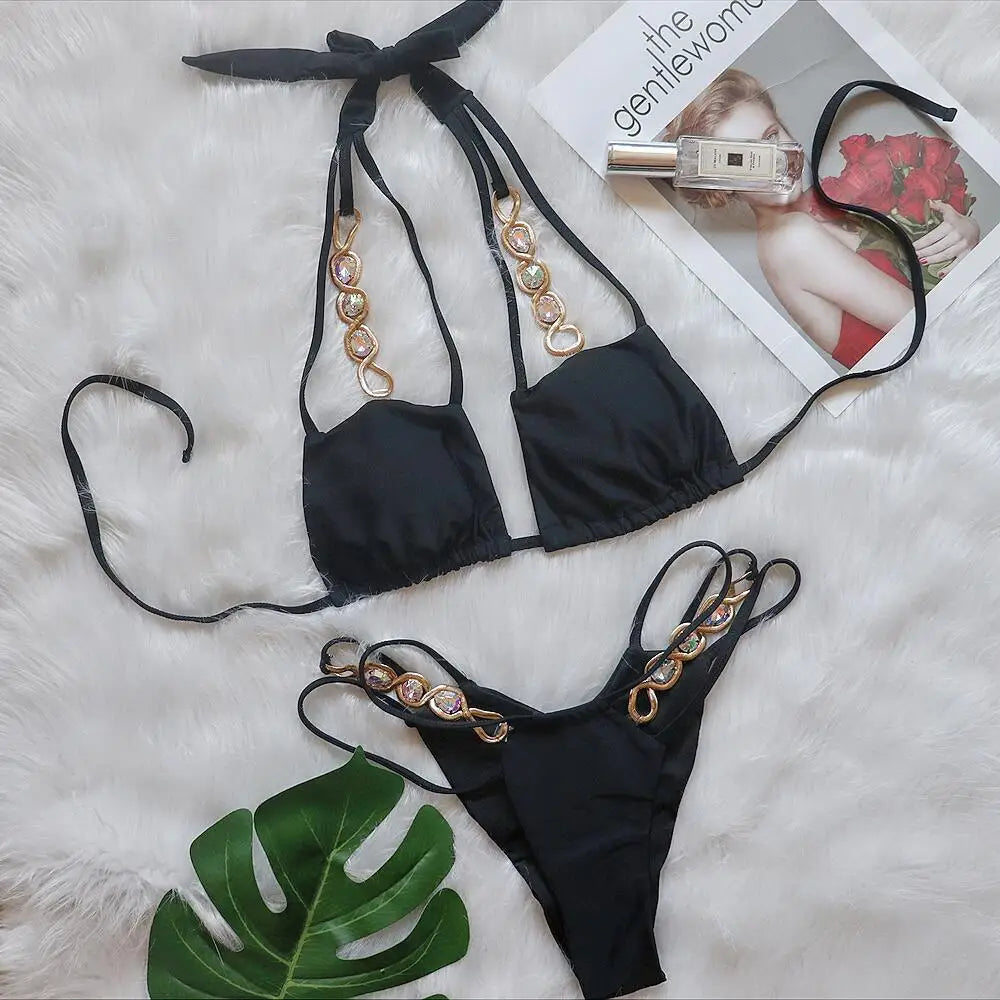 nuovo costume da bagno in due pezzi con strass 2026 cristallo di lusso perizoma Sexy perizoma Bikini Set costumi da bagno da donna costume da bagno Sexy da spiaggia