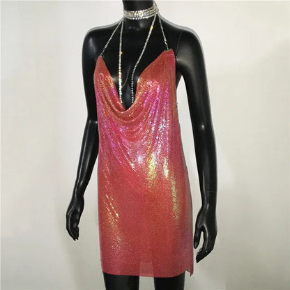AKYZO Mini abito patchwork con paillettes dorate sexy Donna senza maniche Taglio basso Catene di metallo Halter Slim Abiti da festa da discoteca affascinanti