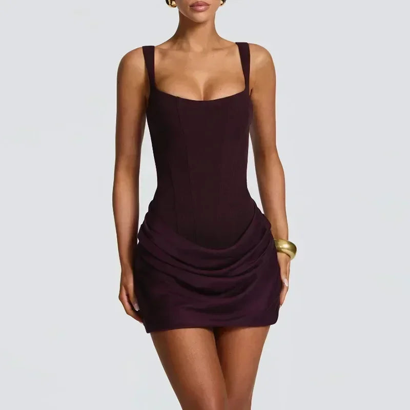 Mini abito da donna con scollo a V e scollo all'americana senza schienale Moda senza maniche a vita alta Abiti aderenti 2025 Nuova estate Lady Party Holiday Robes