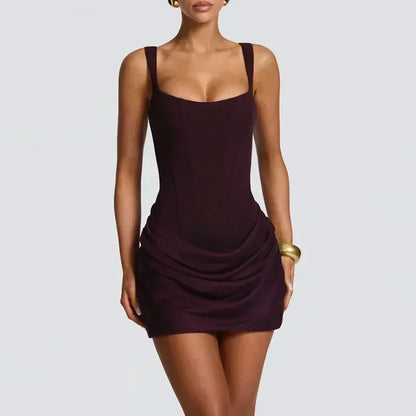 Mini abito da donna con scollo a V e scollo all'americana senza schienale Moda senza maniche a vita alta Abiti aderenti 2025 Nuova estate Lady Party Holiday Robes