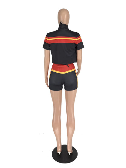 Sommer Sexy 3-teiliges Set Damen Fitnessstudio Outfits Farbblock Trainingsanzug BH Reißverschlussjacke und Shorts Sets Damen Club Abendkleidung