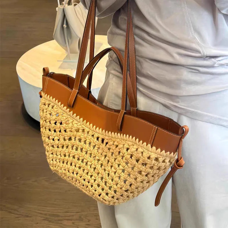 Borsa da donna in paglia intrecciata 2in1 Borsa da ascella in paglia con tracolla regolabile Borsa a tracolla per gnocchi di grande capacità per borsa a secchiello da spiaggia estiva