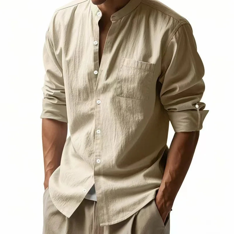 Camicia in cotone e lino da uomo, collo Henley, tinta unita, leggera, traspirante, vestibilità slim, abbottonatura singola, maniche lunghe.