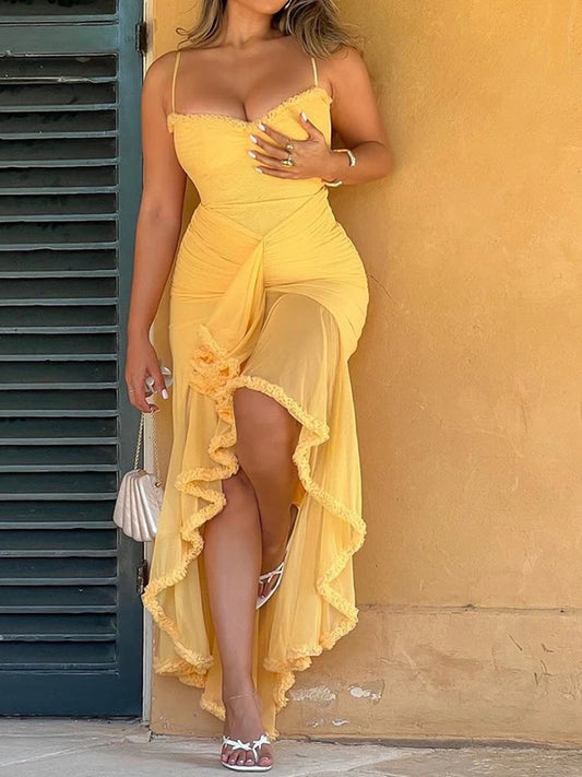 Robes d'été femme sans dos élégantes dames sexy longue robe d'été à manches courtes robe à fines bretelles plissée