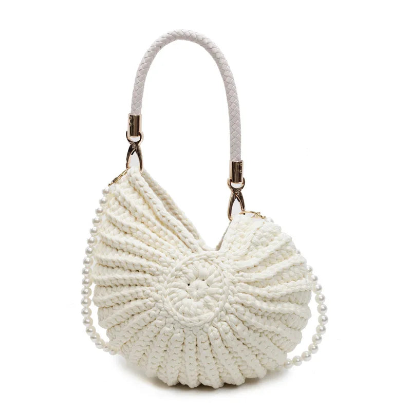 Borse a tracolla da donna all'uncinetto a forma di conchiglia creativa Divertenti catene di perle carine Borsa a tracolla in tessuto fatto a mano Novità piccole borse