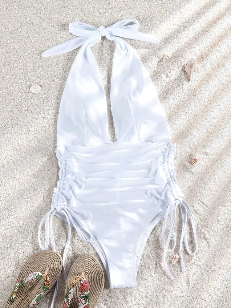 ZRTAK 2026 Tiefer V-Ausschnitt Einteiliger Badeanzug Damen Neckholder Bademode Brasilianischer Monokini Schwimmanzug Strandmode High Cut Badeanzug