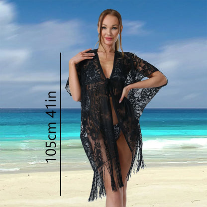 Costume da bagno donna Cover Up Bead binding scialle leggero Beach sarong Kimono in pizzo floreale Bikini Swim parasole Dress Travel