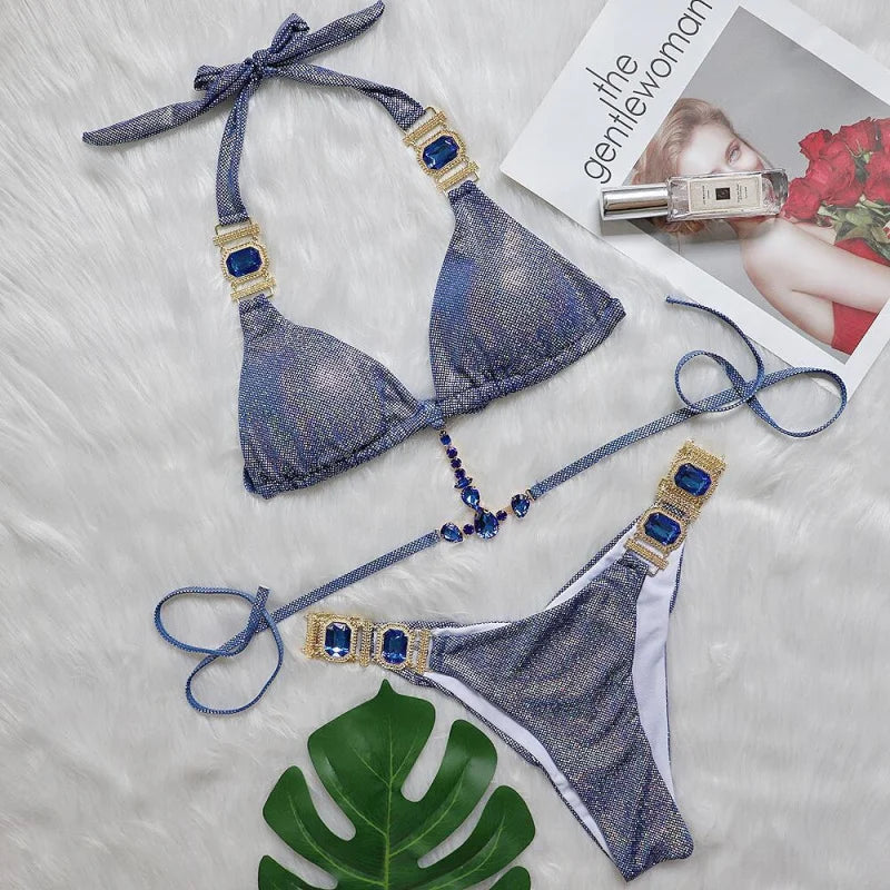 Sexy bikini swimsuit for women, two-piece, shiny with gold foil, crystal diamonds, and straps