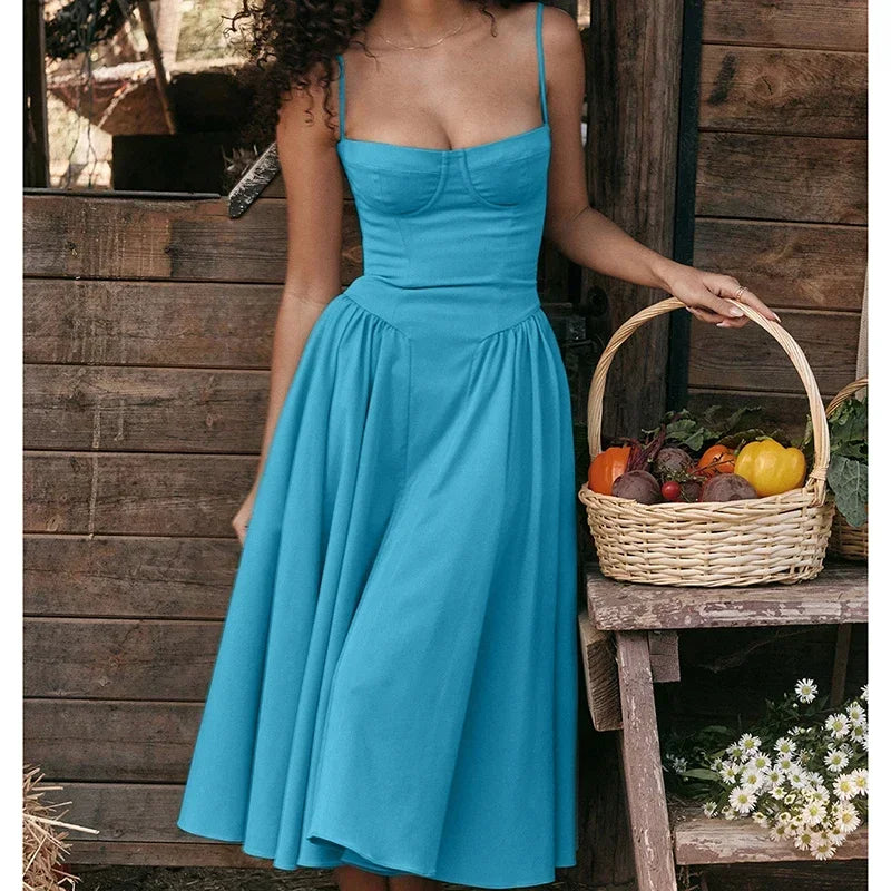 Elegante abito longuette con cinturino per spaghetti da donna Party Slim A Line Solid Bretelle Abiti da donna Nuova moda primavera estate Abiti sexy