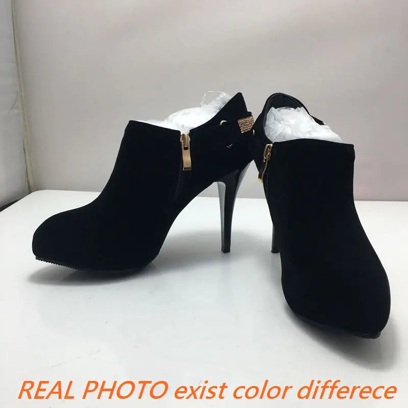 REAVE CAT Ankle Boots Pointed Toe Shoes women Sale Thin Heels Flock Suede Leather Rhinestone Big Size 31-50 Weeding Blue Black