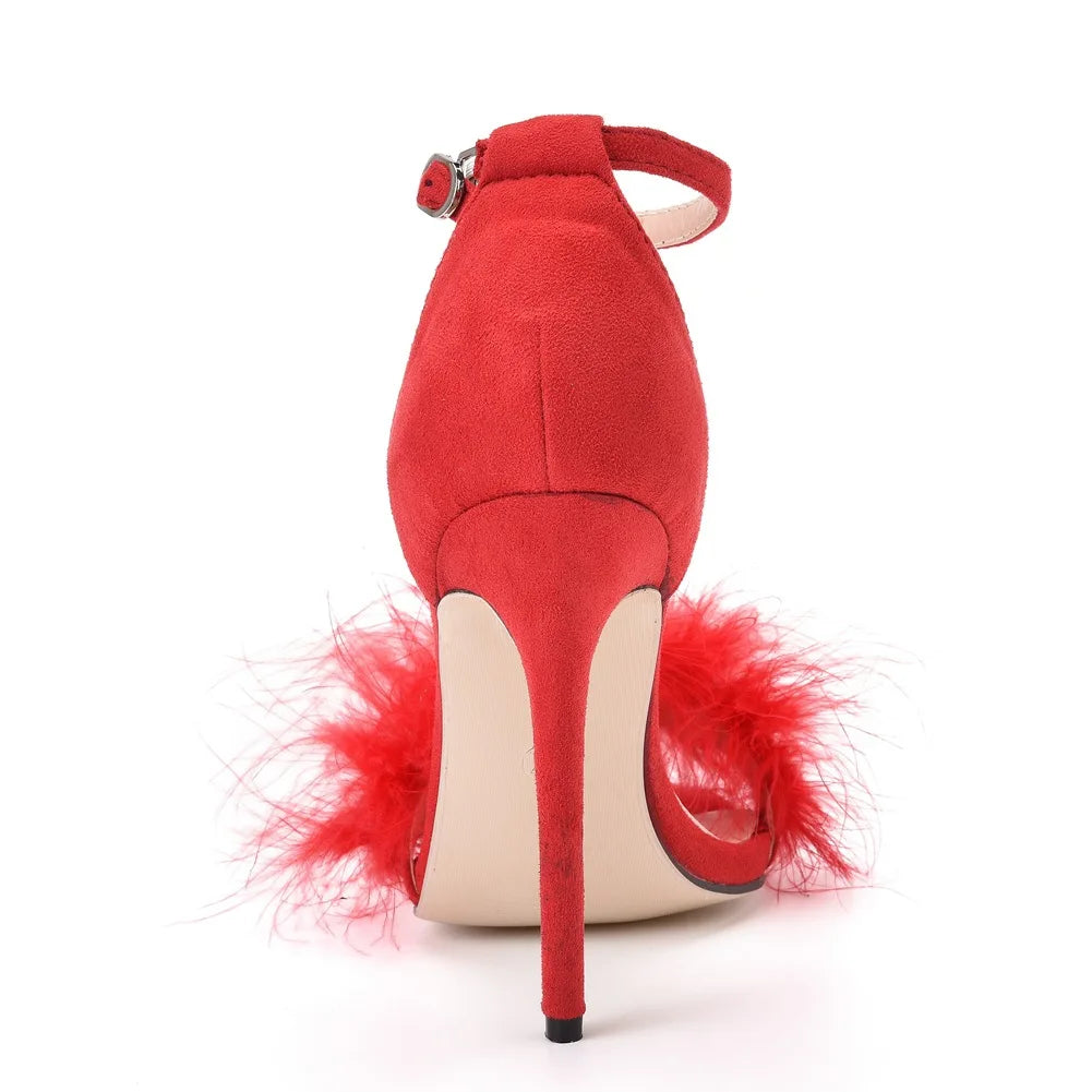 Sexy Feather High Heel Sandals Women's European  American Large 46 Fish Mouth High Heel Sandals Women Shallow Mouth Women's Shoe