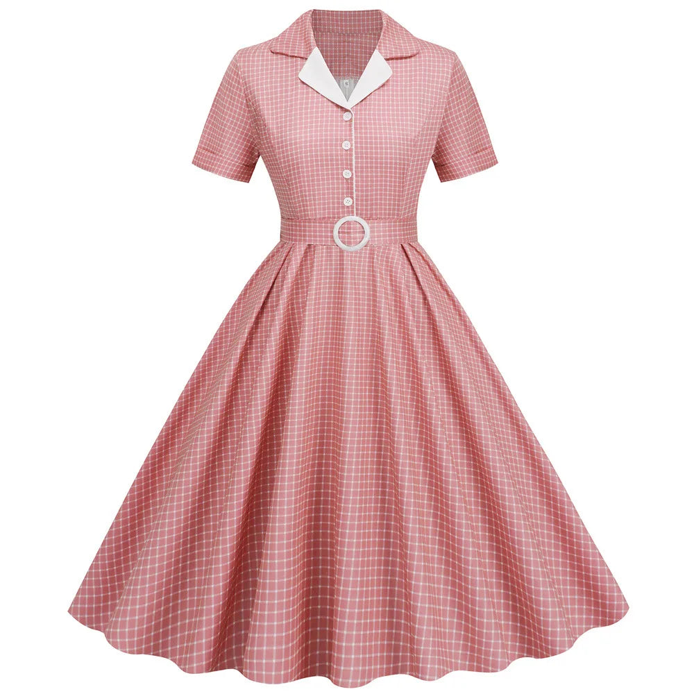 Plaid Vintage Office Lady Abiti estivi Donna 2026 Moda Retro 50s 60s 70s Swing Pinup Rockabilly Party Dress Robe Abiti