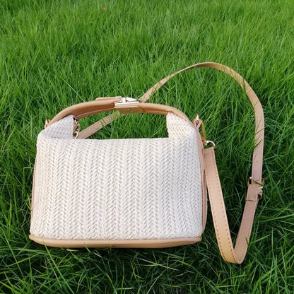 Yogodlns Borsa estiva piccola in paglia Borsa a tracolla alla moda Borsa a tracolla a secchiello intrecciata Borsa da spiaggia casual al mare Borsa con manico per ragazze
