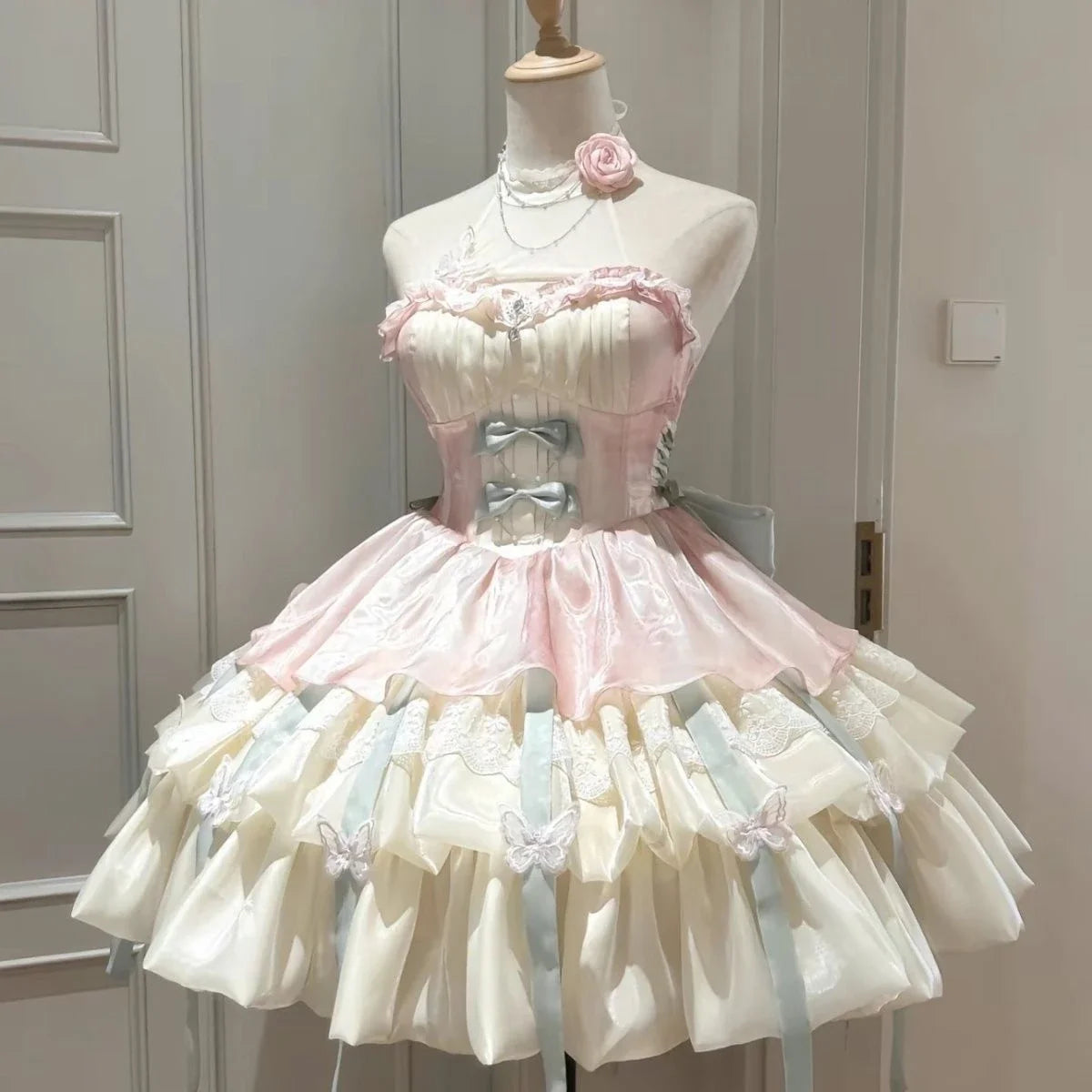 Sweet Lolita Y2k Mini abiti da donna patchwork in pizzo manica corta fasciatura elegante abito da festa corto vintage francese estivo femminile