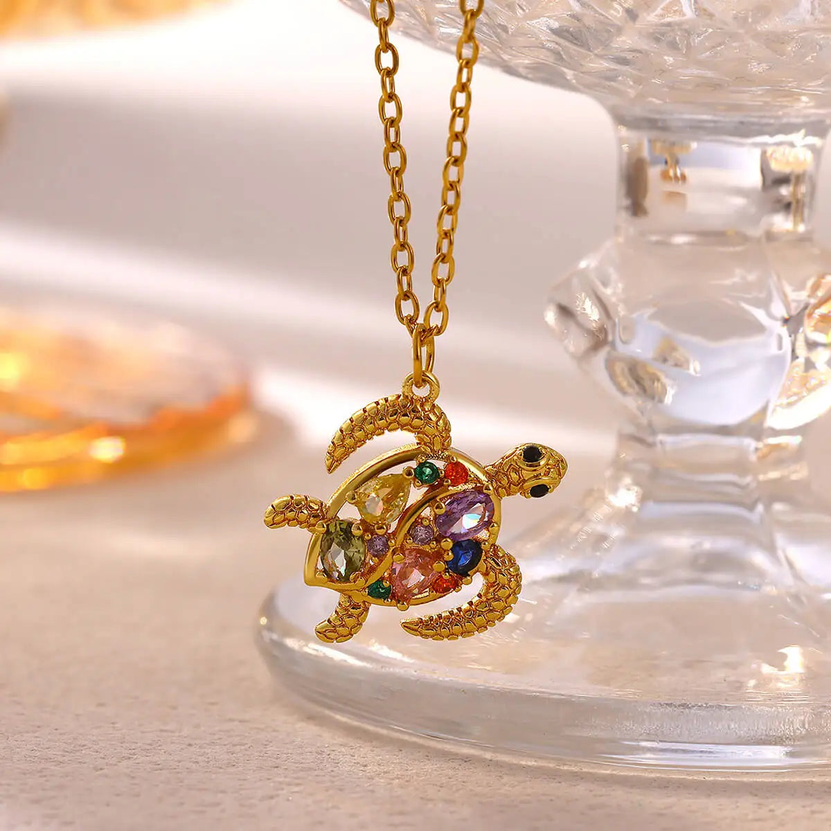Bohemian Beach Ocean Summer Jewelry Charms Stainless Steel Gold Color Colored Zircon Turtle Pendant Necklace for Women Gifts