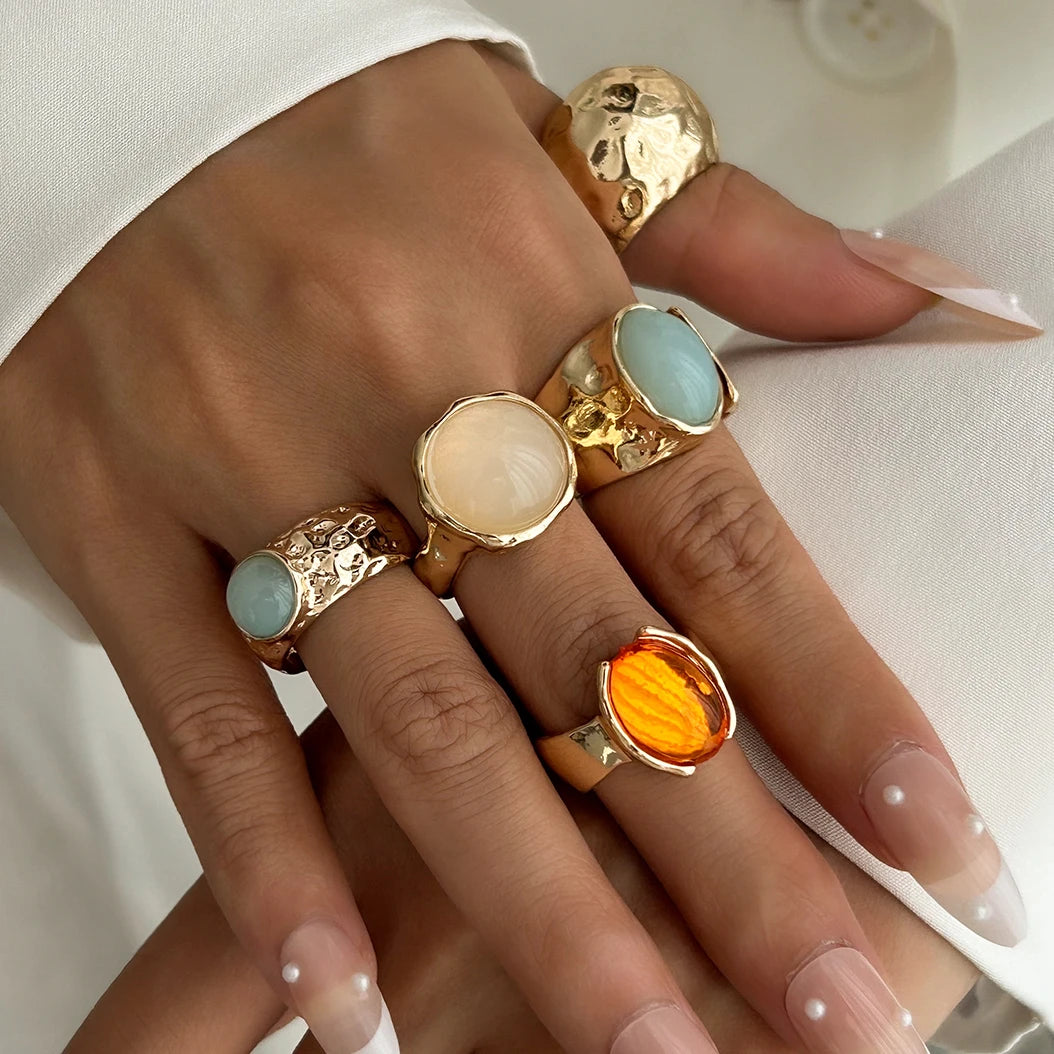 Ingemark 5 Pz/set Retro Color Oro Irregolare Anello di Metallo per Le Donne Della Boemia Aperto Regolabile Anello Ampio Estetico Y2K Regalo Dei Monili