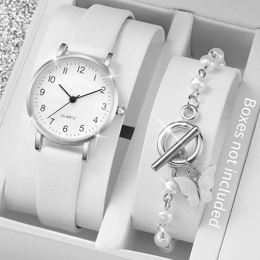 Orologio con bracciale in pelle con quadrante arabo per donna, orologi al quarzo, perle, bracciale a farfalla in scatola, moda, 2 pezzi per set
