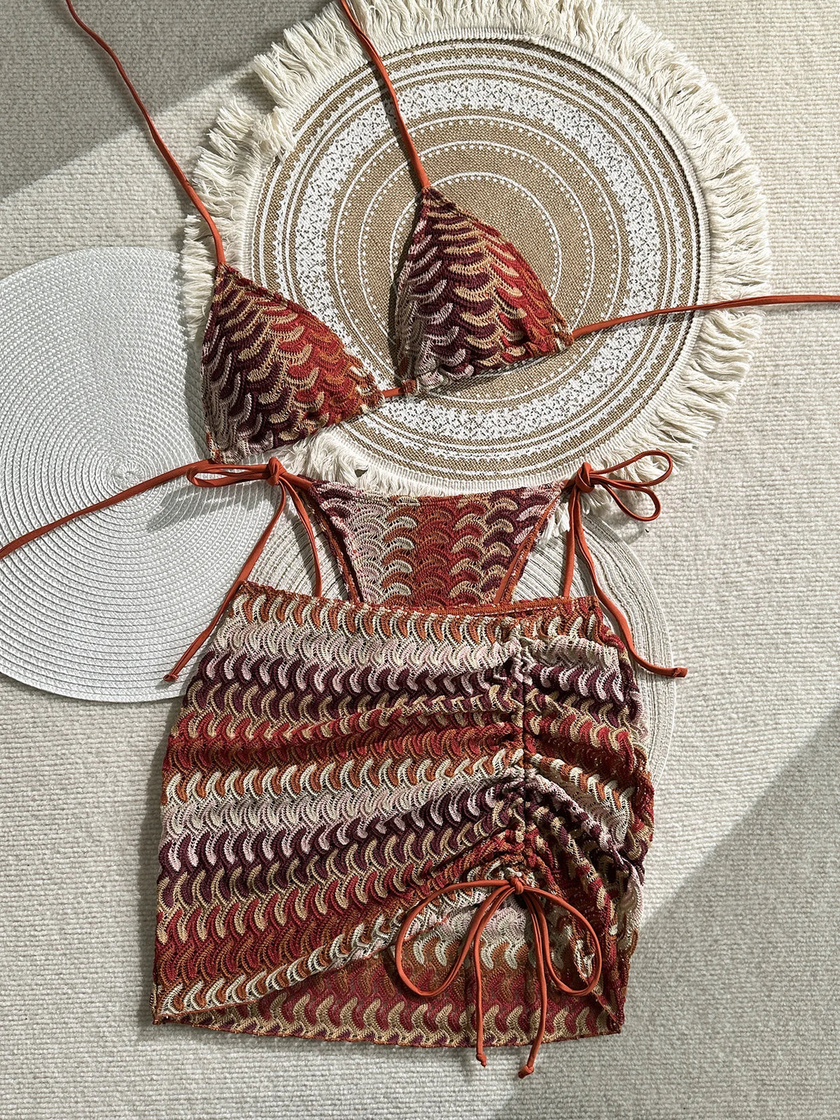 Damen-Badeanzug, bunte Ahornblätter, gestrickter Bikinirock, dreiteiliges Set, geteilter Badeanzug, Bikini, sexy Biquini, Badeanzug