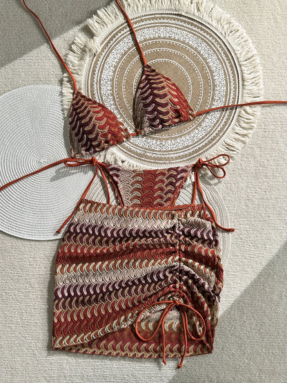 Damen-Badeanzug, bunte Ahornblätter, gestrickter Bikinirock, dreiteiliges Set, geteilter Badeanzug, Bikini, sexy Biquini, Badeanzug