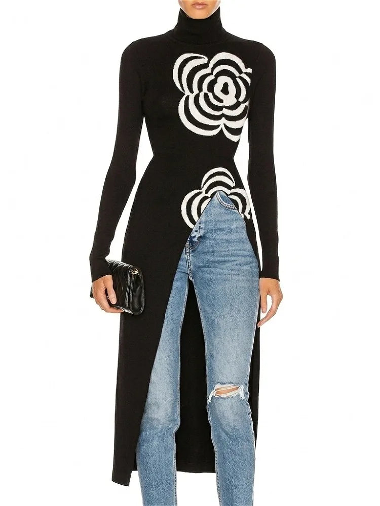 Modigirl Inverno Donna Pullover lavorato a maglia Top 2024 Fiore nero Design Slim Fit Asimmetrico Collo alto Maglioni lunghi per donna