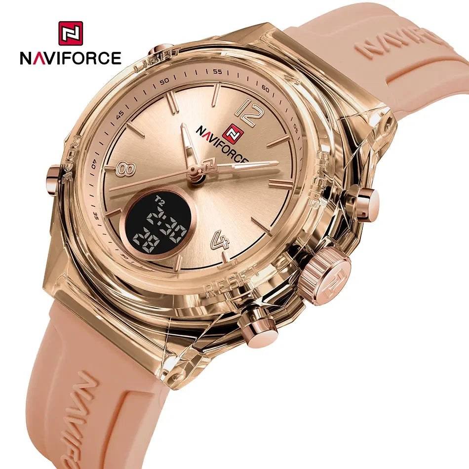 NAVIFORCE Orologio da donna di lusso Orologio sportivo all'aria aperta in oro Orologi impermeabili Doppio display dell'ora Orologi da polso al quarzo Orologio digitale in gomma