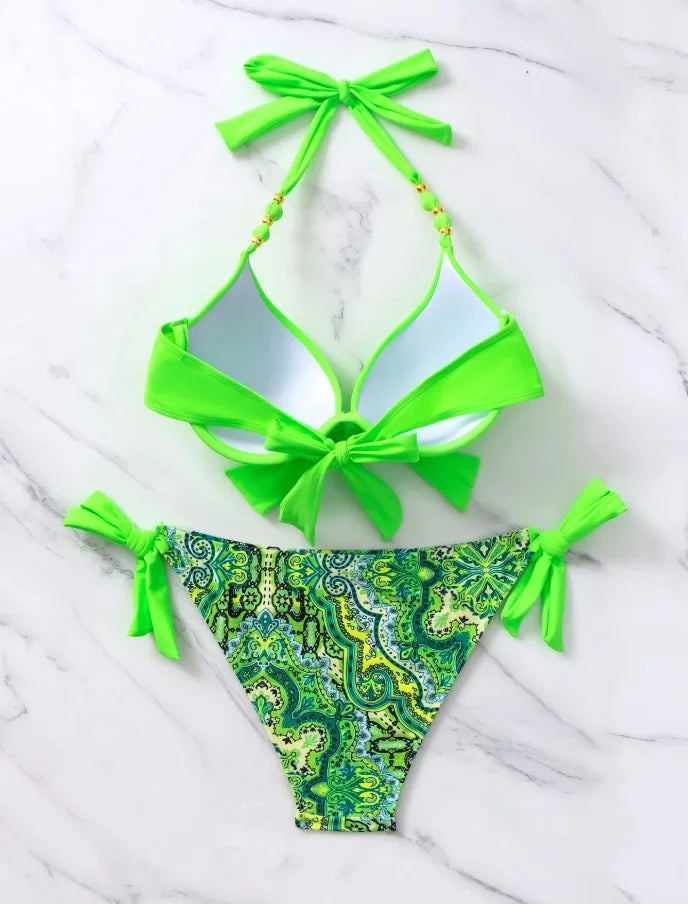 Costume da bagno bikini push-up halter stampato 2026 da donna, sexy, con spalline, per il mare e la piscina