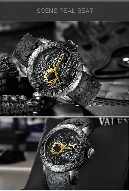 BIDEN impermeabile sport uomo orologi Dragon Design orologio al quarzo per uomo cinturino in Silicone orologio da polso orologio maschile Relogio Masculino
