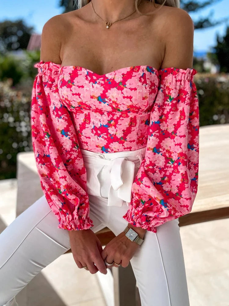 Boho Sexy Damen Top Sommer schulterfrei florale Blusen Damen lässige rückenfreie Bluse weibliche Urlaub Slash-Neck Tops Kleidung