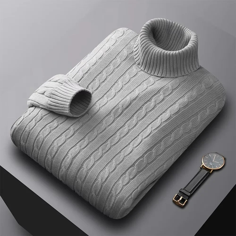 Autunno nuovi uomini dolcevita Jacquard maglione tinta unita Pullover lavorato a maglia Casual calore alto elastico Versatile maschile Sweatwear