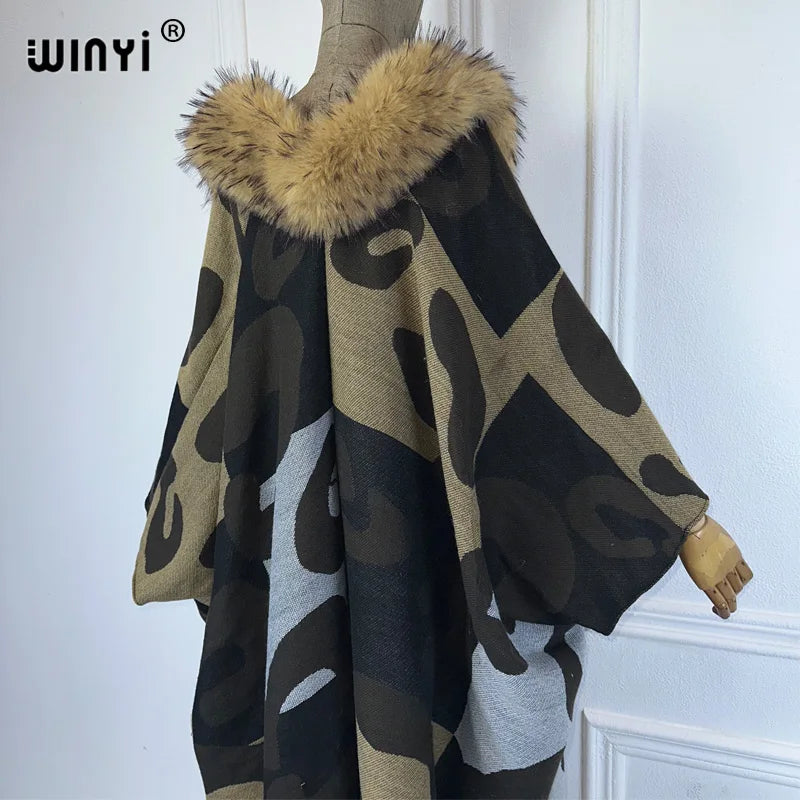 WINYI Africa Collo in pelliccia artificiale Cardigan invernale maxi kimono vestito da festa abaya dubai luxur abiti invernali per donna piumino