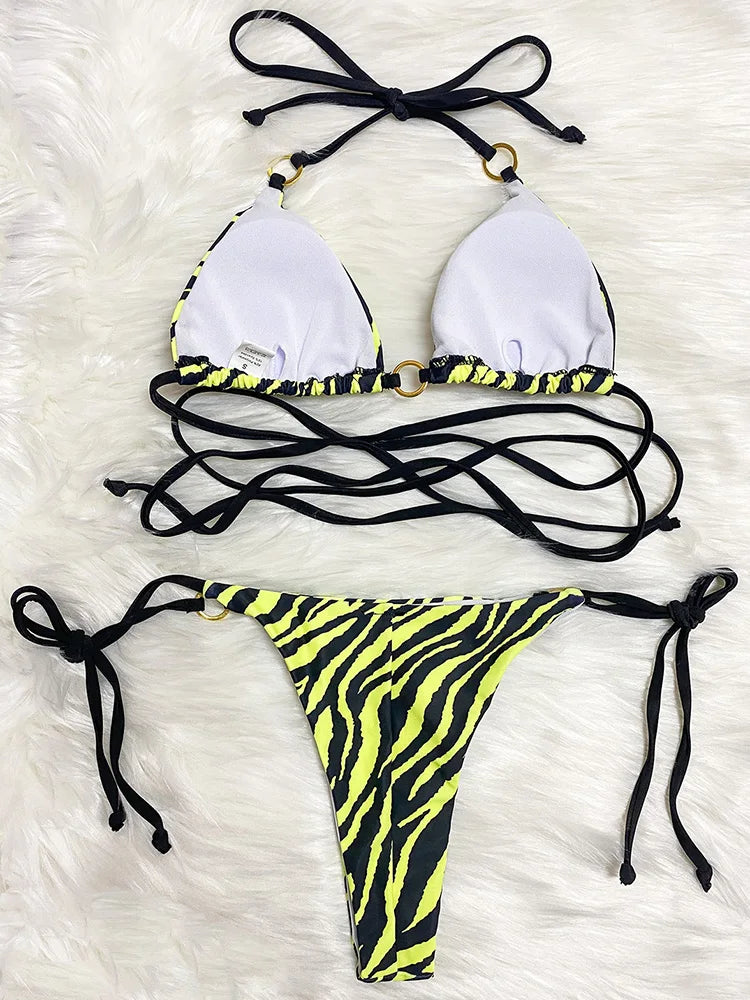 Zebra Leopard Wrap Around Halter Micro Mini Bikini donna costumi da bagno costume da bagno femminile due pezzi Bikini set bagnante costume da bagno Swim