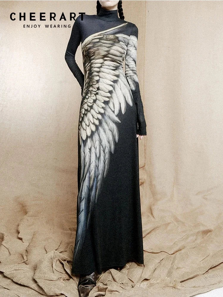 CHEERART Abiti a maniche lunghe con piume ad ala vintage Autunno 2025 Moda donna dolcevita maglia una linea maxi abito da sera di lusso