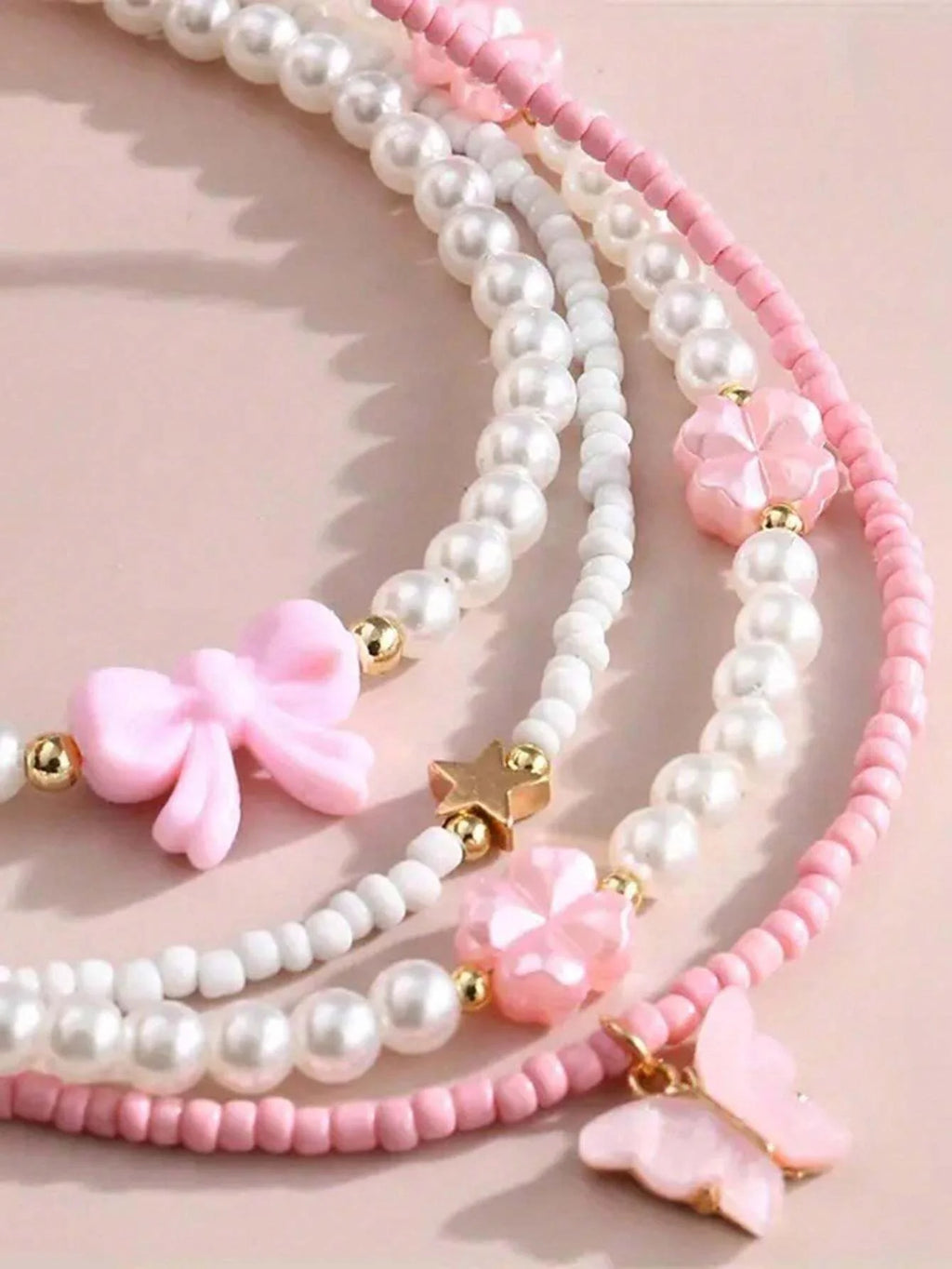 4 pezzi/set set di collane fatte a mano con farfalla, cuore, fiore, perle e perline, per bambini, adolescenti, amicizia, miglior regalo per gli amici