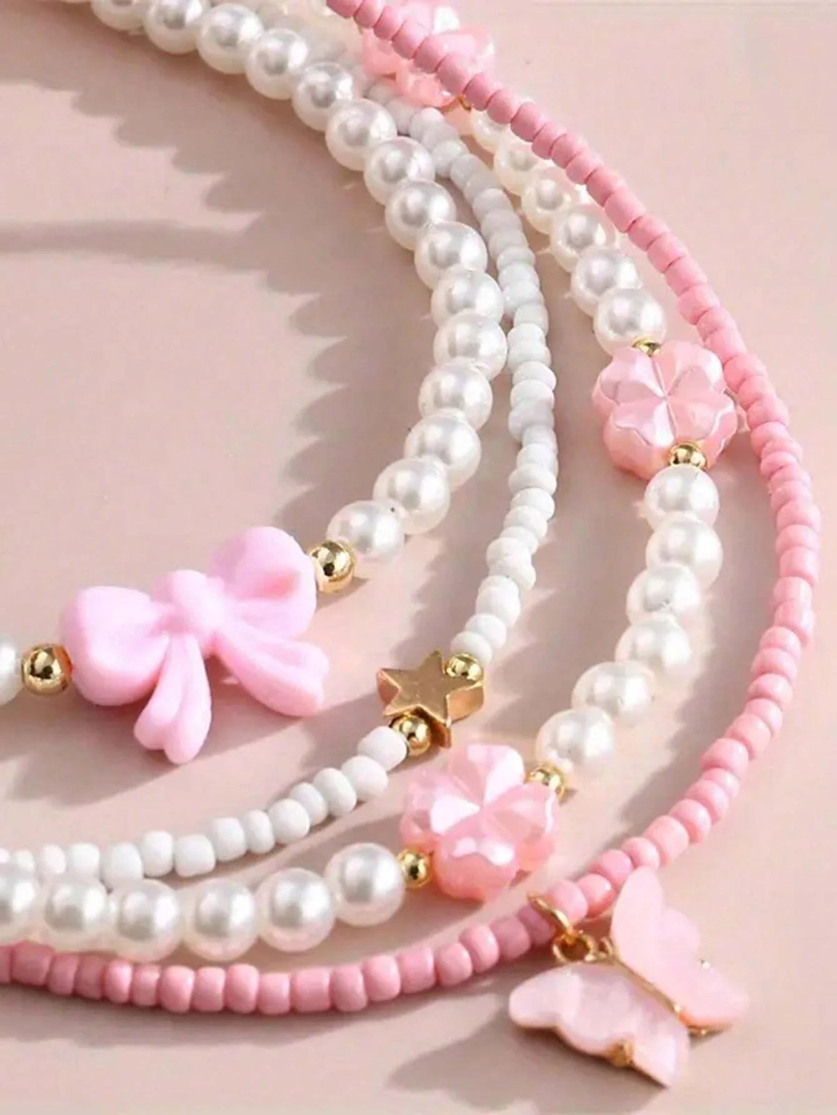 4 pezzi/set set di collane fatte a mano con farfalla, cuore, fiore, perle e perline, per bambini, adolescenti, amicizia, miglior regalo per gli amici