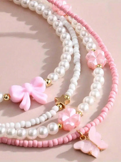 4 pezzi/set set di collane fatte a mano con farfalla, cuore, fiore, perle e perline, per bambini, adolescenti, amicizia, miglior regalo per gli amici