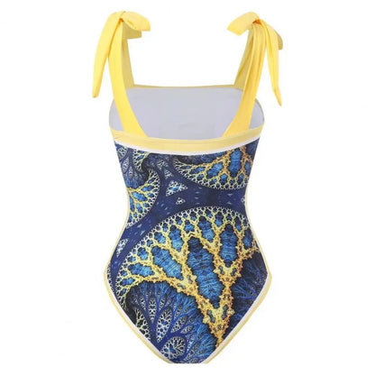 2 pezzi/set costume monokini da donna stampa vintage costume intero con cravatta al collo quadrato con gonna costume da bagno da donna con copertura da spiaggia